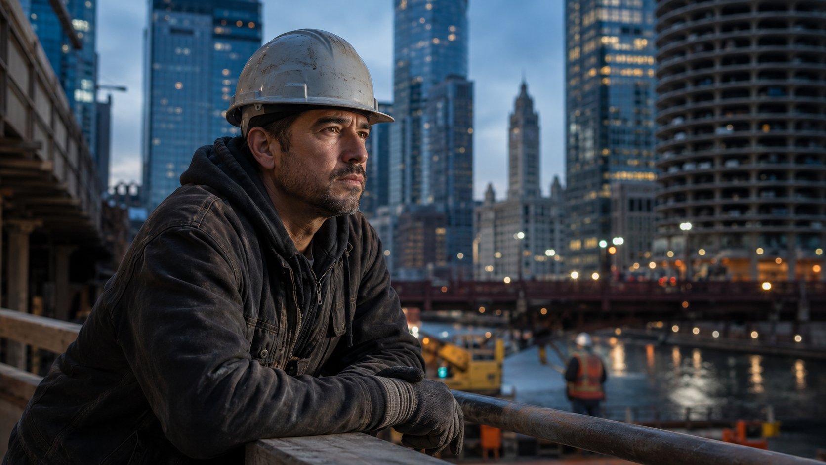 A Chicago worker at dusk along the river with the city skyline behind, representing the workers and public employees GB Law represents in discipline and career matters